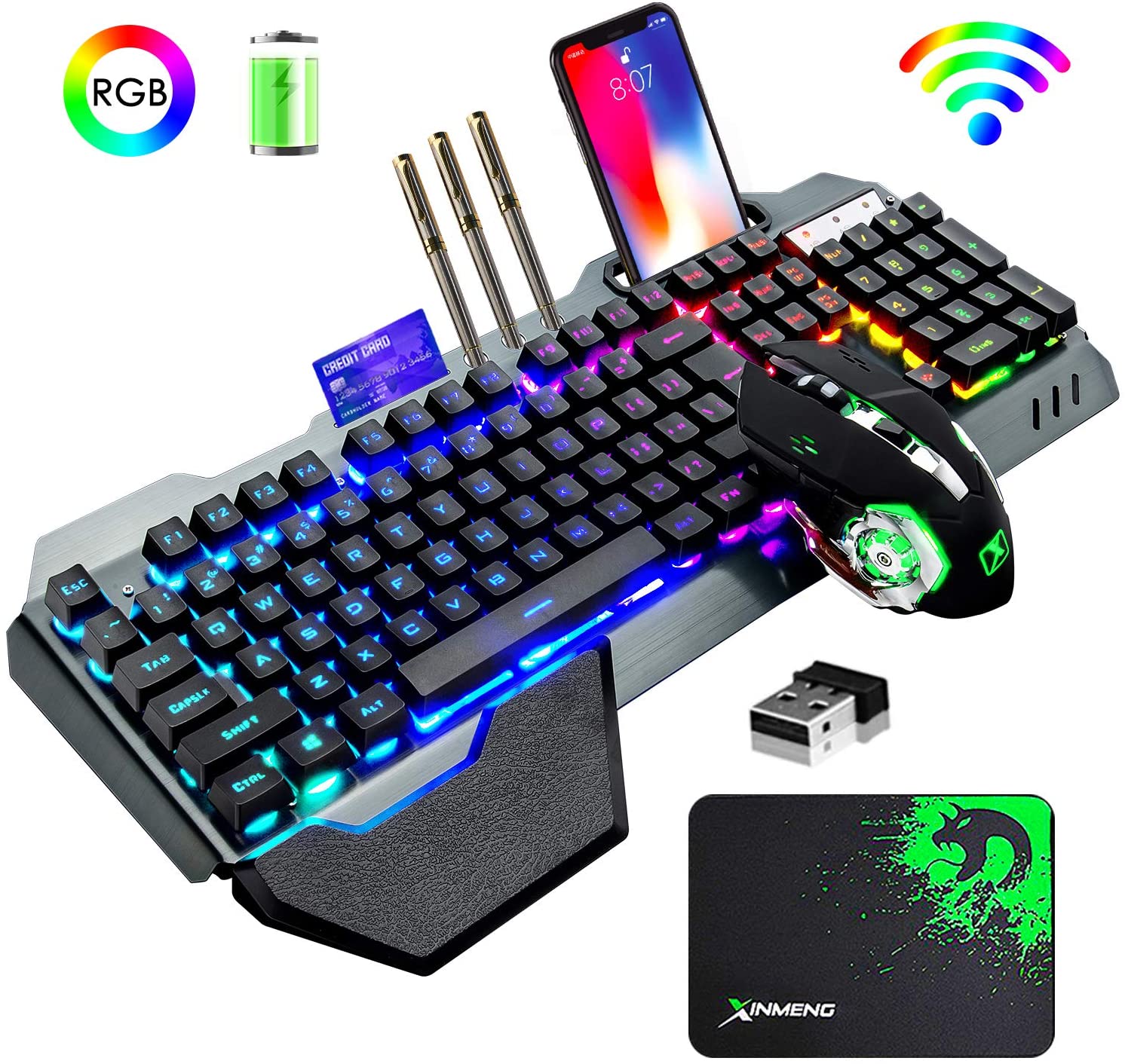 Gaming Keyboard Ergonomic - K680 คีย์บอร์ดเกมไร้สายและเมาส์ Combo,Rainbow LED Backlit คีย์บอร์ดแบบชาร์จไฟได้