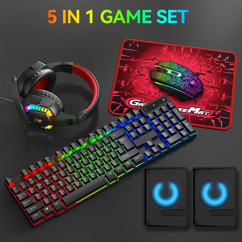 Gaming Keyboard Mouse And Headset Combo - ชุดคอมโบเกมมิ่ง 5-in-1 ประกอบด้วยคีย์บอร์ด ไฟหายใจ 4 สี