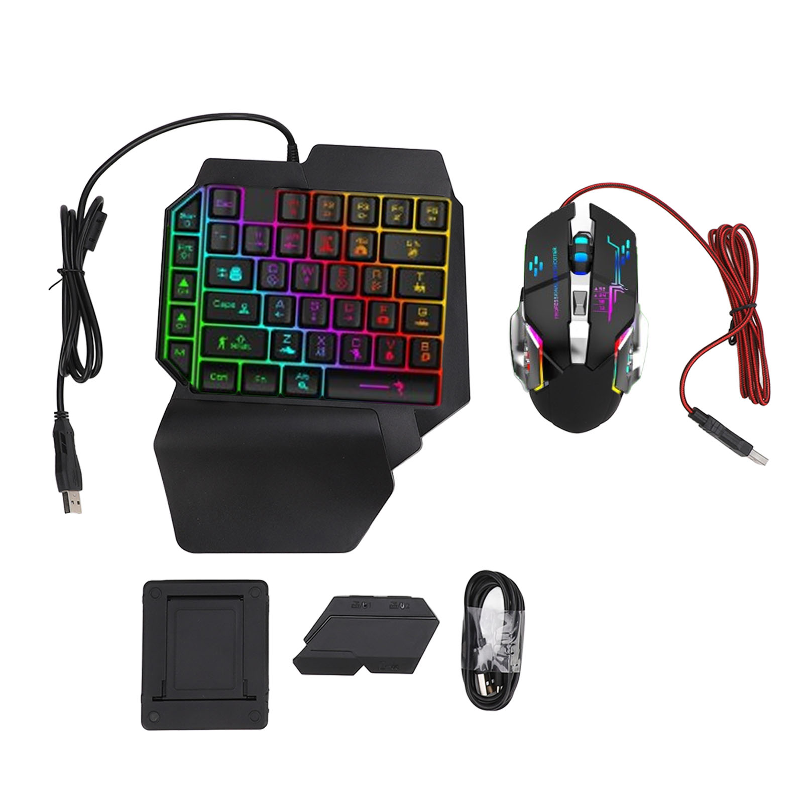 Gaming Keyboard Mouse And Headset Combo - ชุดแปลงเมาส์คีย์บอร์ด ชุดคีย์บอร์ดเมาส์แบบมือเดียวที่ตอบสนองได้รวดเร็ว ชาร์จ 5V 2A พร้อมที่วางโทรศัพท์แบบปรับได้สำหรับเล่นเกม