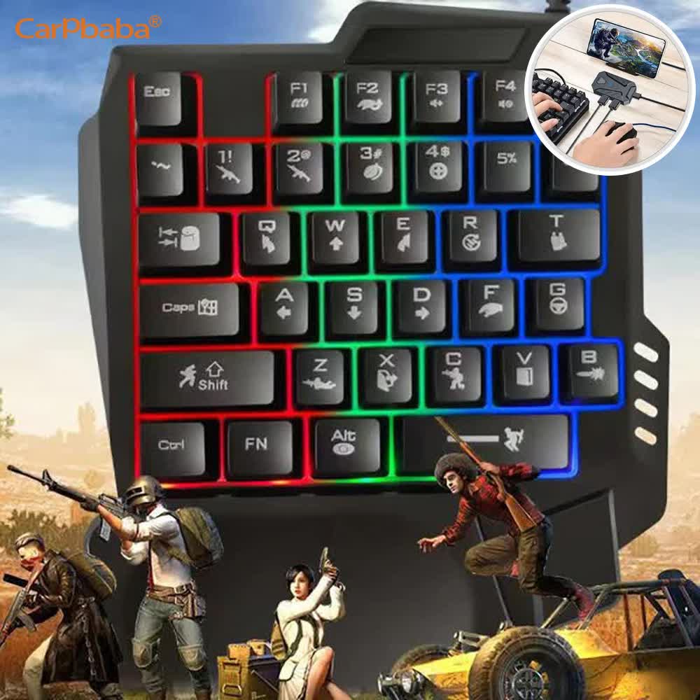 Gaming Keyboard 1 Hand - ชุดคีย์บอร์ดเกมมิ่งแบบมือเดียวพร้อมเมาส์มีไฟแบ็คไลท์สำหรับผู้เล่นเกมบนแอนดรอยด์และพีซี
